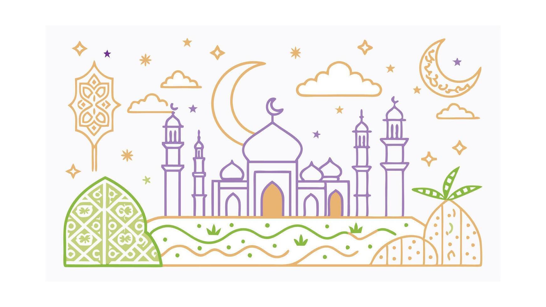 Night Scene Mosque Line Art Islamic Crescent Stars Design vector