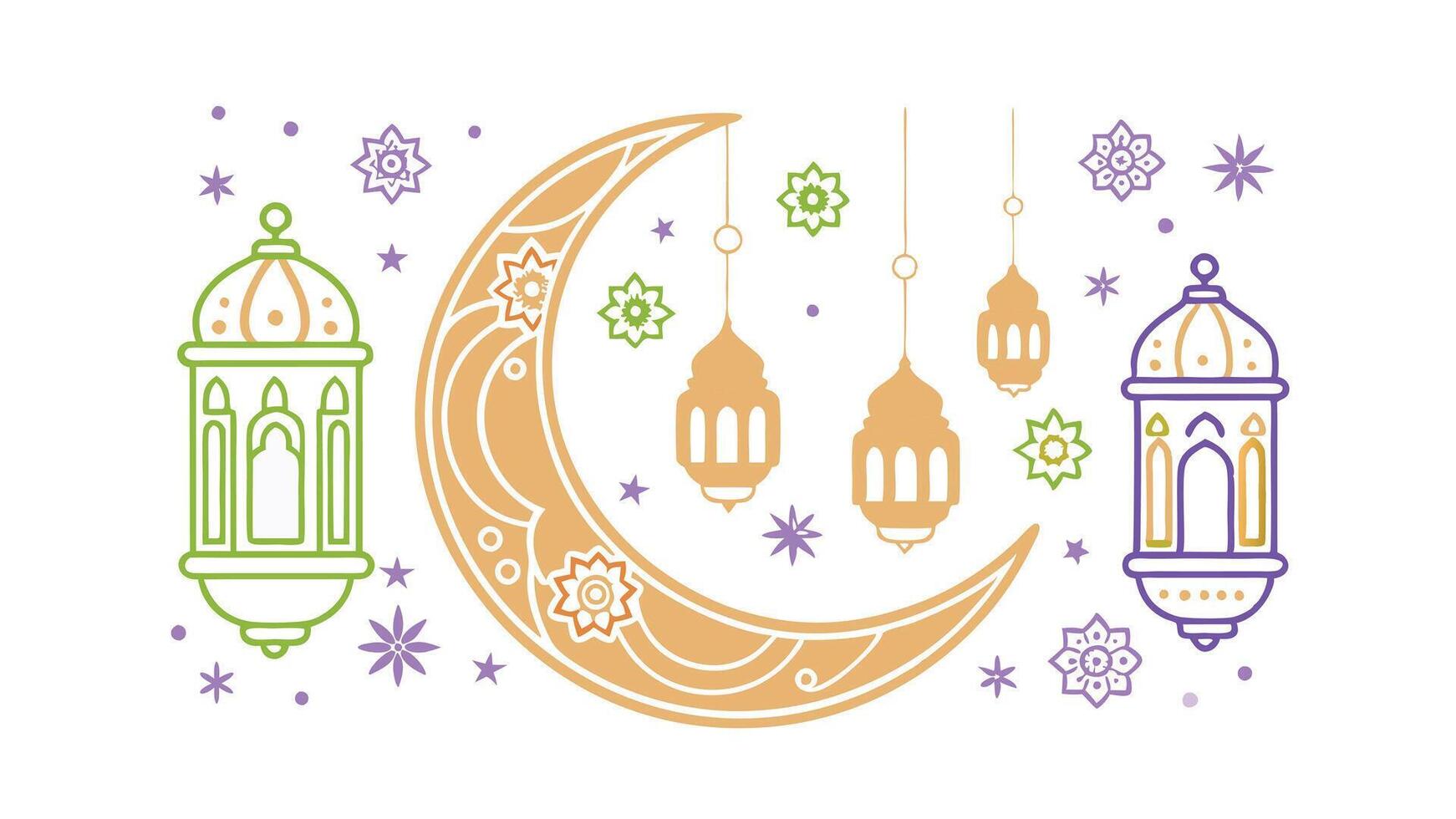 Ramadan Kareem Crescent Moon Festive Islamic Lanterns Stars Lights vector
