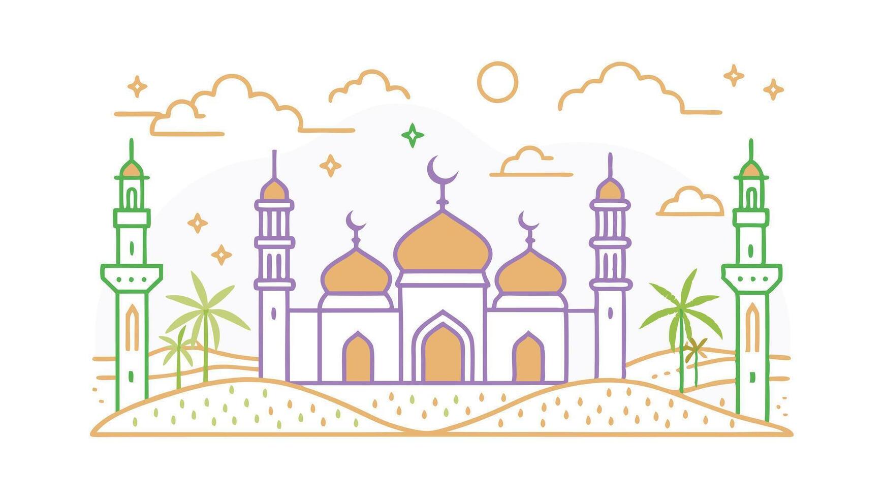 Mosque Landscape Desert, Palms, Minarets, Islamic Architecture vector