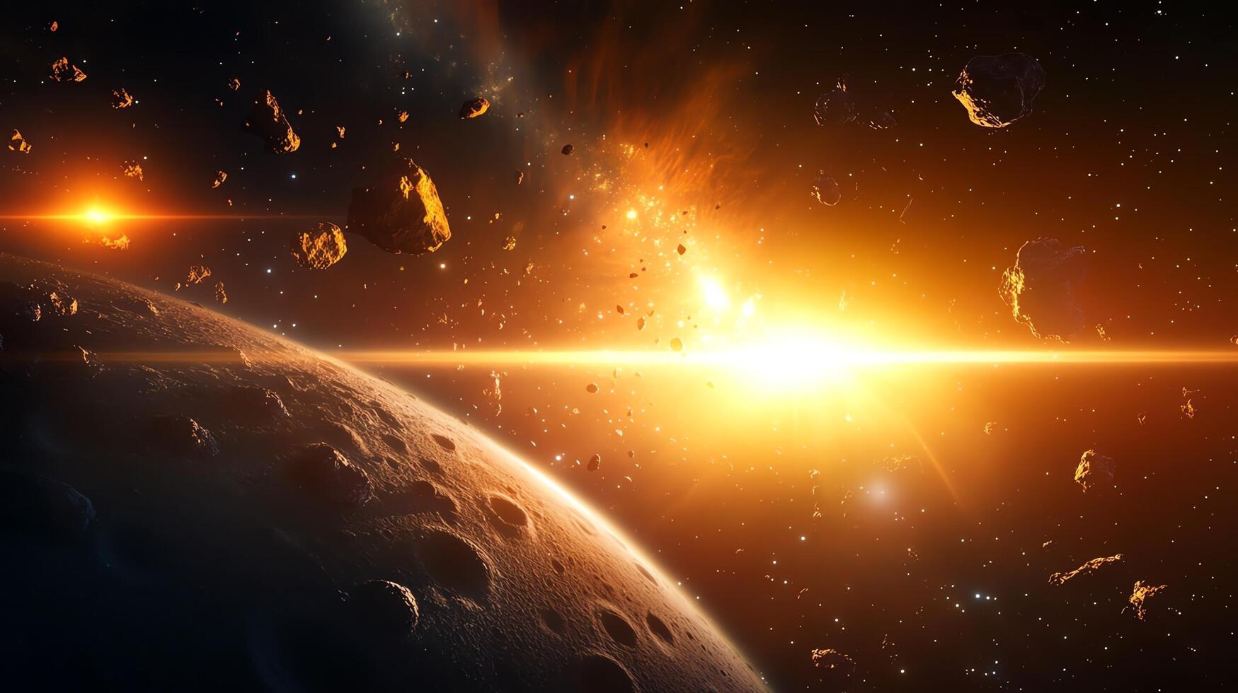Cosmic explosion in deep space with planet photo