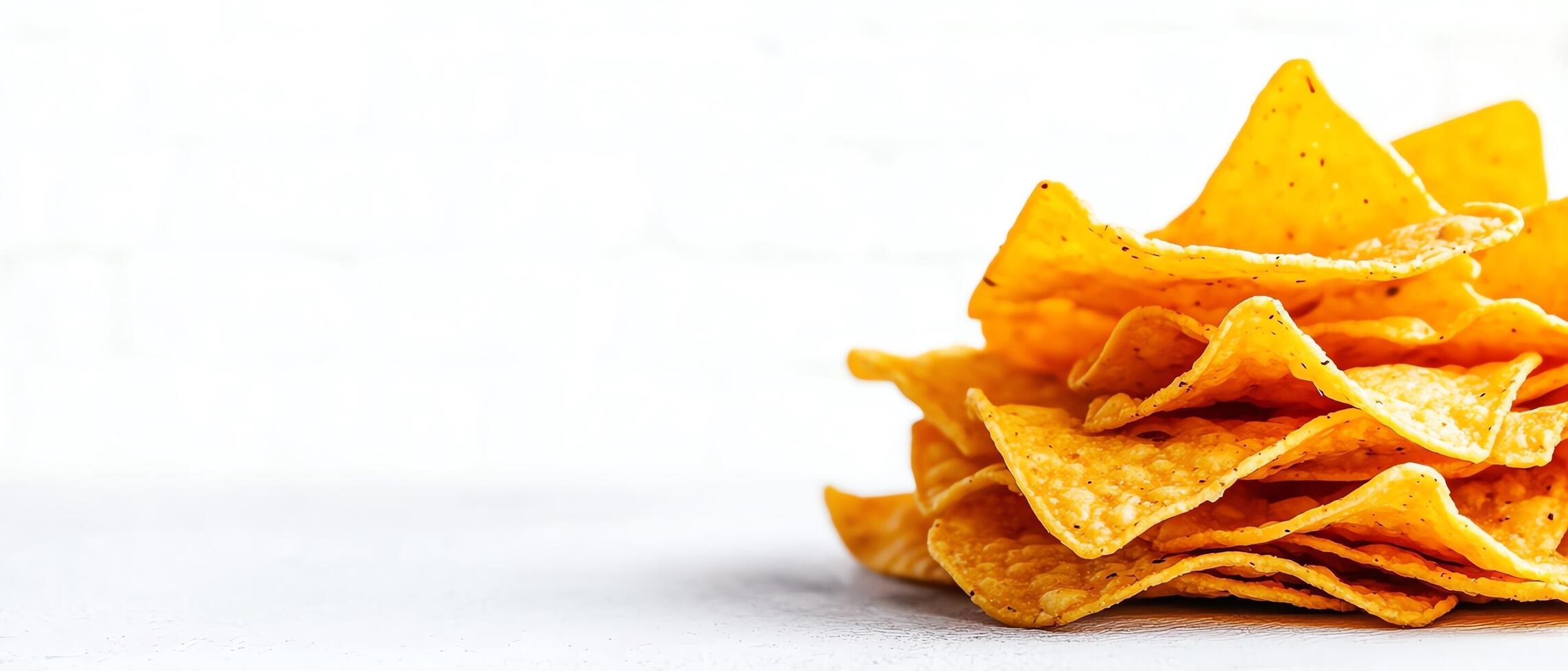 Crispy tortilla chips stacked on a white background. photo
