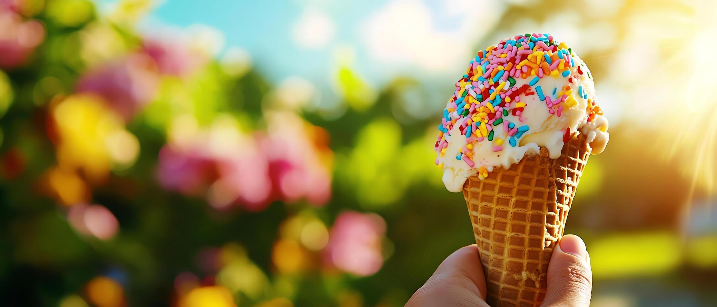 Colorful ice cream cone in a sunny garden. photo