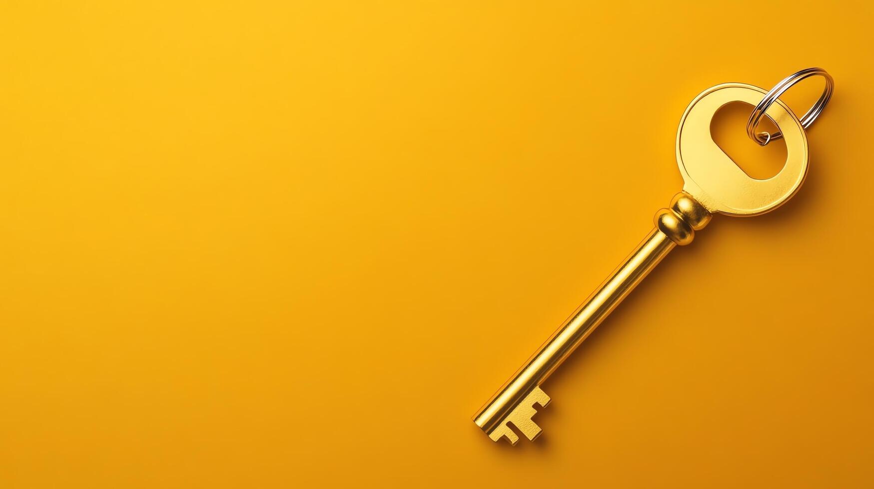 A golden key against a vibrant yellow background. photo