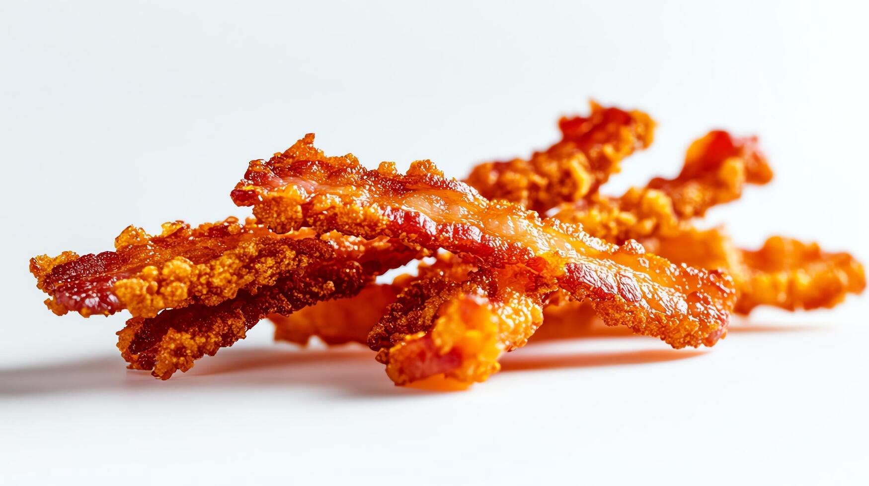 Crispy fried bacon strips on a white background. photo