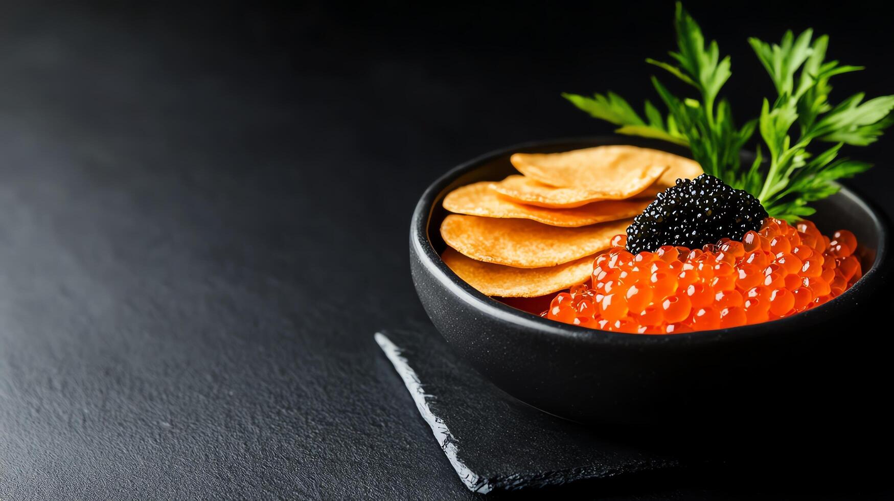 Gourmet appetizer with caviar and chips. photo