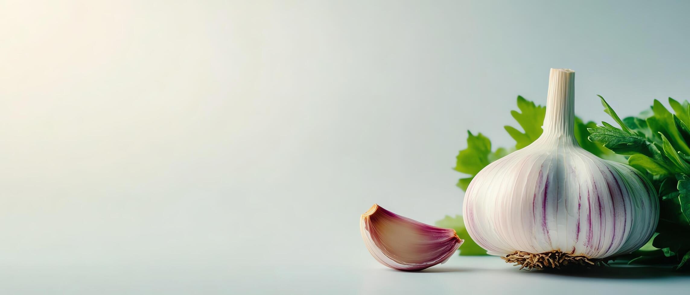 Fresh garlic bulb and herbs on a light background. photo