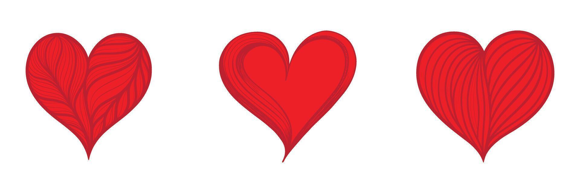 Three stylized red hearts with intricate designs illustration vector