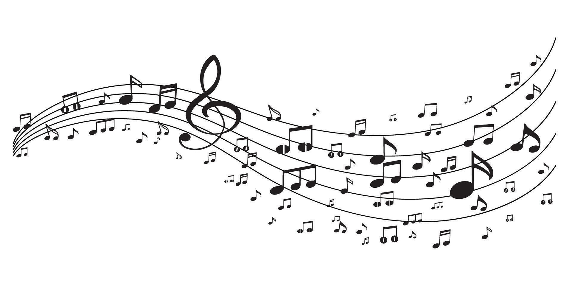 Music notes and sound waves black and white silhouette graphic design isolated transparent . vector