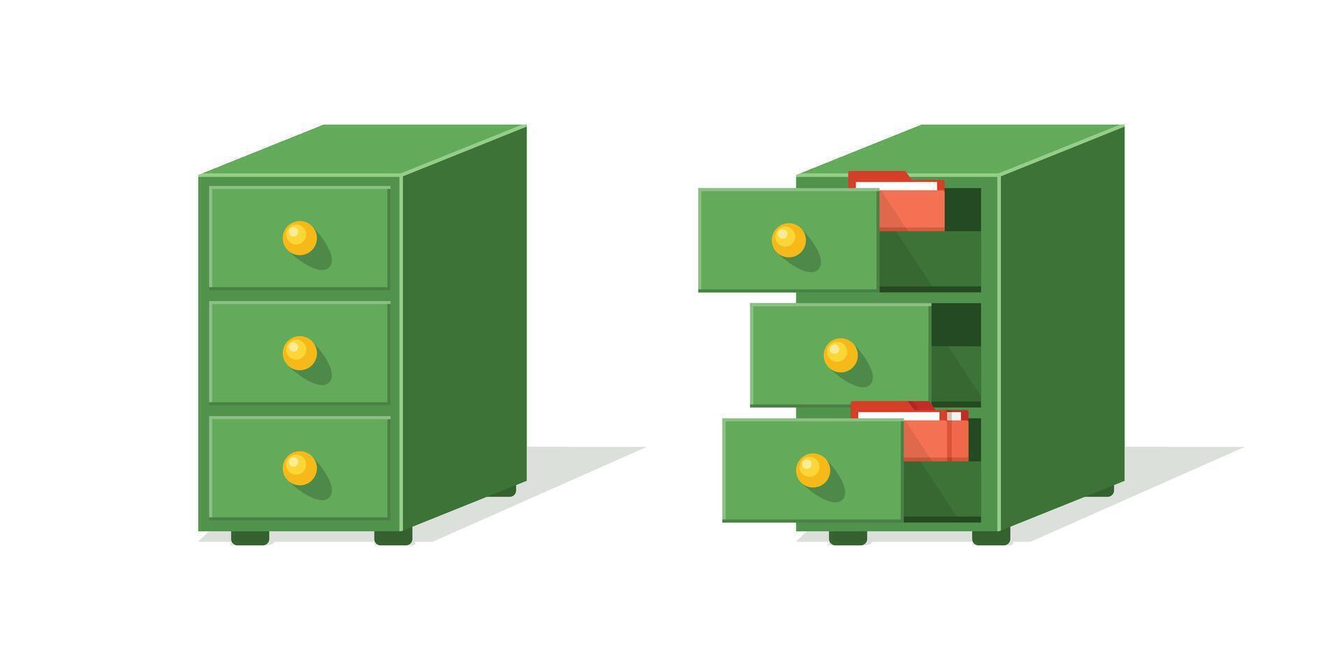 Two green filing cabinets with files inside vector