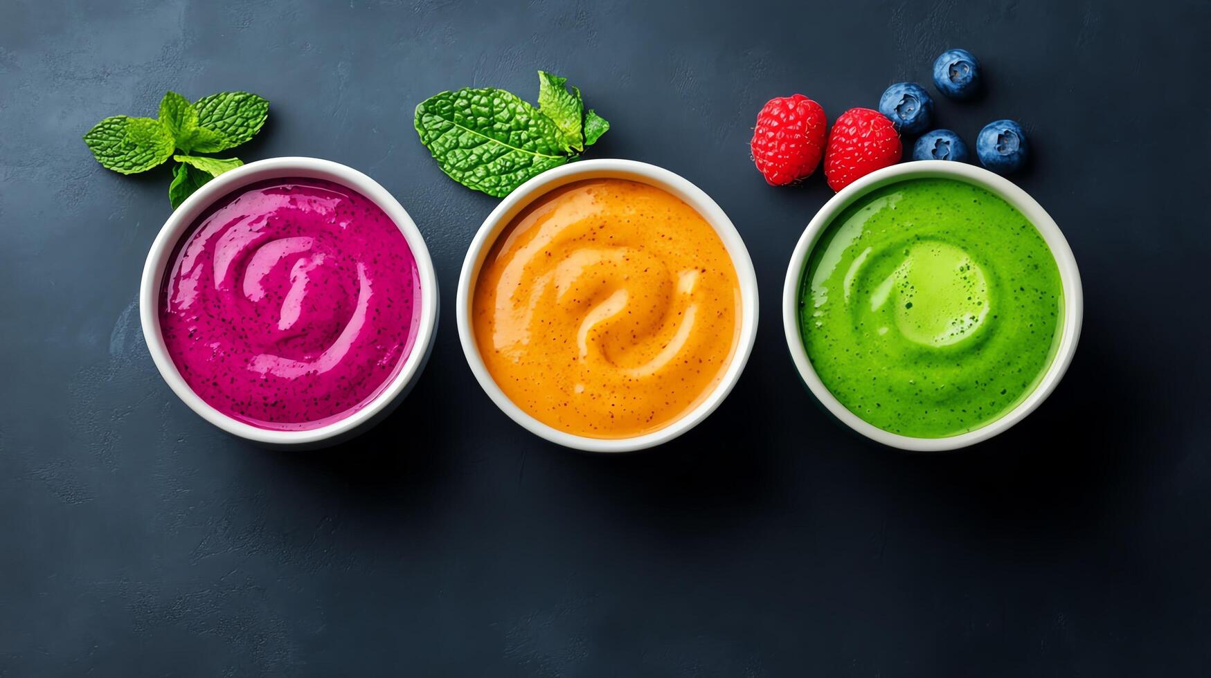 Colorful smoothie bowls with fresh toppings. photo