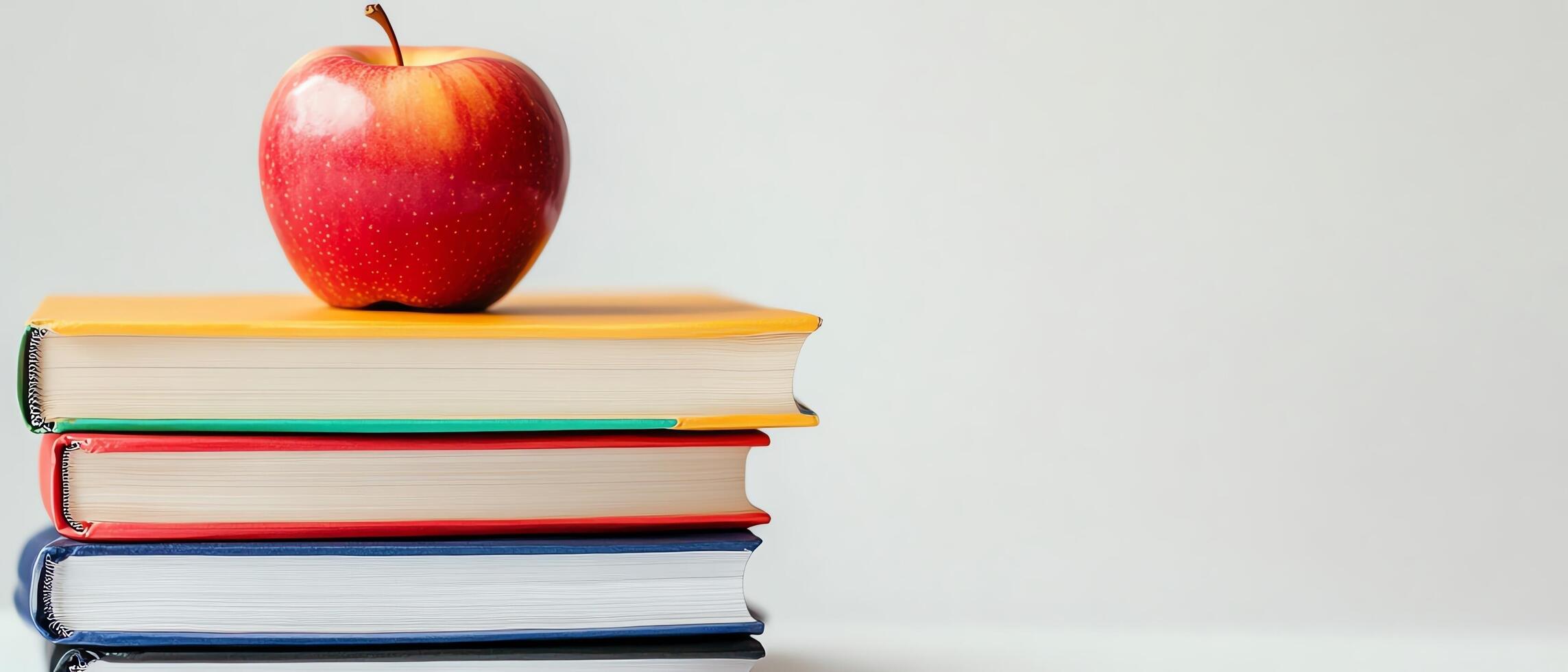 An apple on stacked colorful books. photo