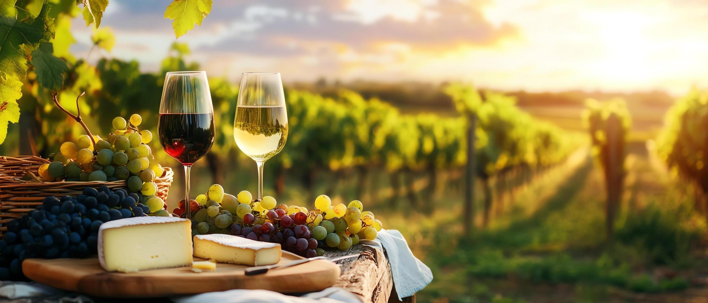 Wine and cheese in a sunny vineyard setting. photo