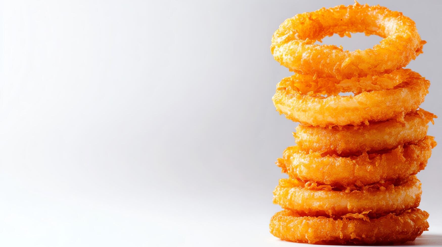 Stack of crispy onion rings on white background. photo