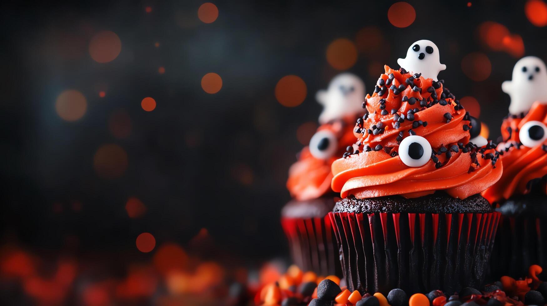 Spooky Halloween cupcakes with ghost toppers. photo
