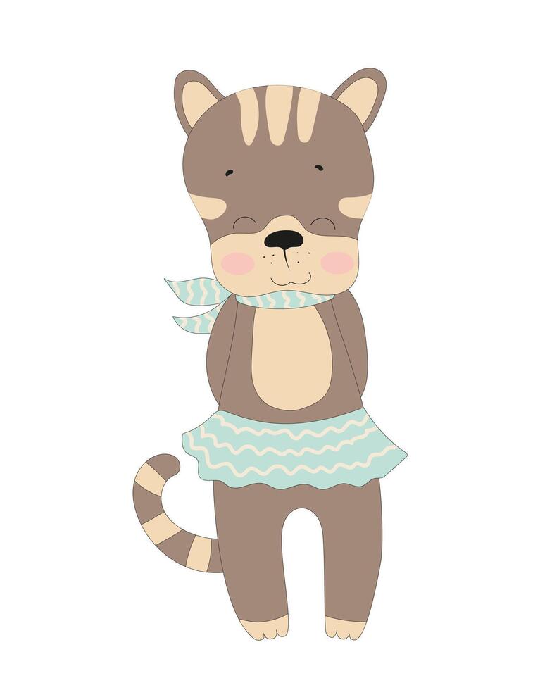 A cartoon tiger wearing a skirt and holding a bow vector
