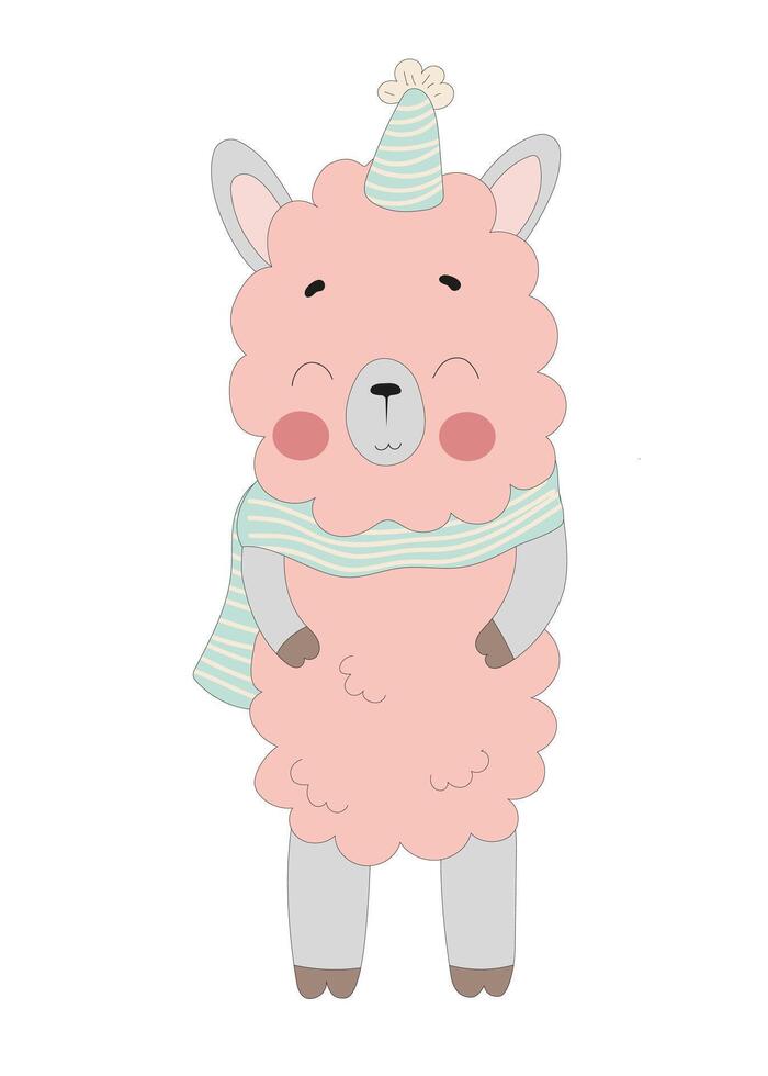 Illustration of cute llama with hat and scarf vector