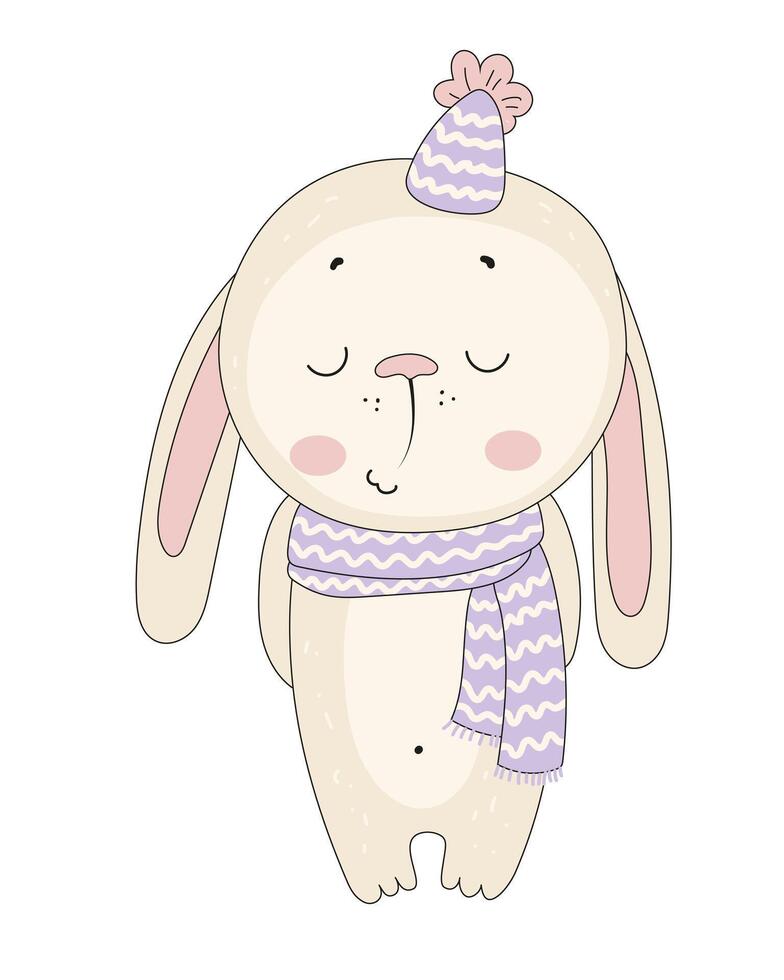 Cute cartoon rabbit in winter hat and scarf illustration vector
