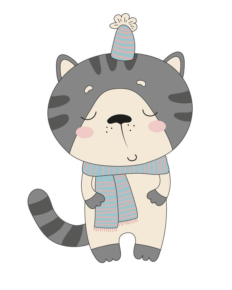 A cartoon cat wearing a hat and scarf vector