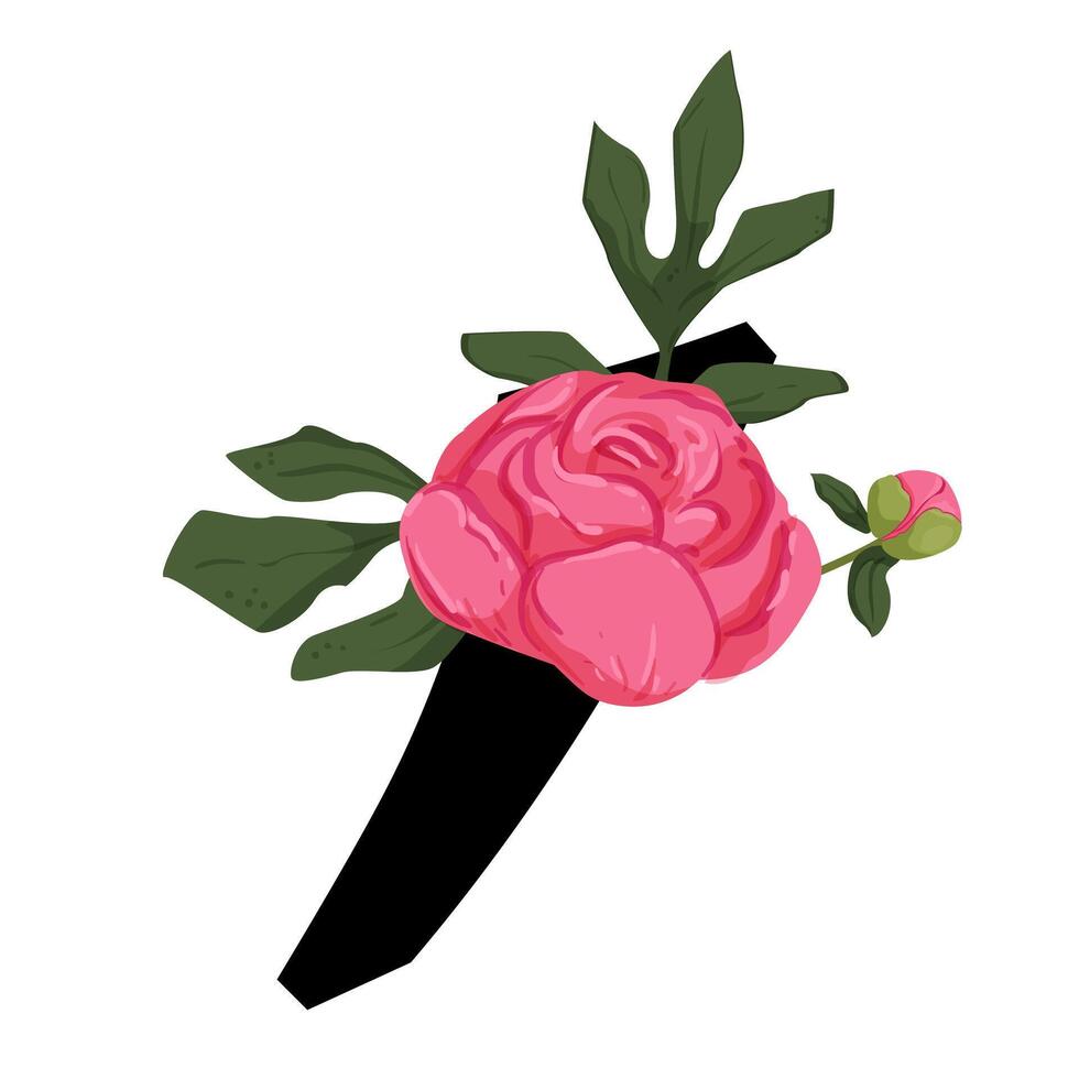 A black and pink flower with leaves on it vector