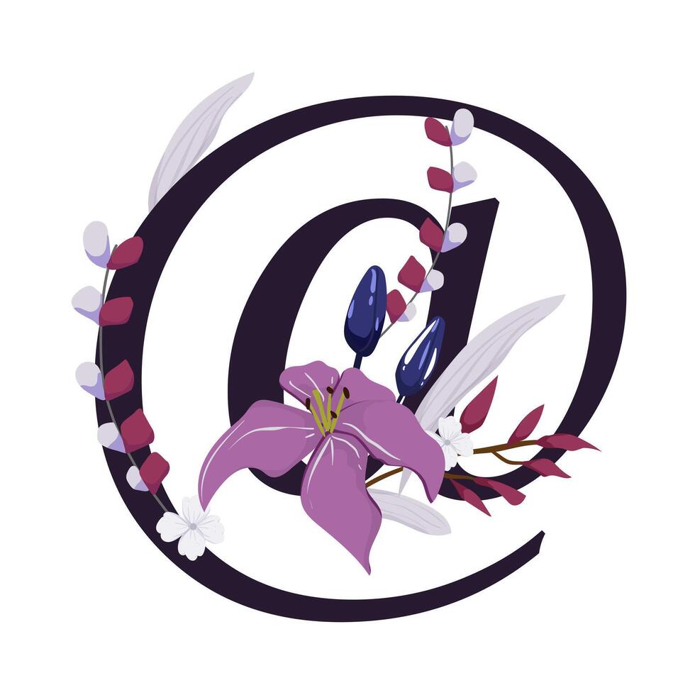A purple flower and leaves are in the shape of an email vector