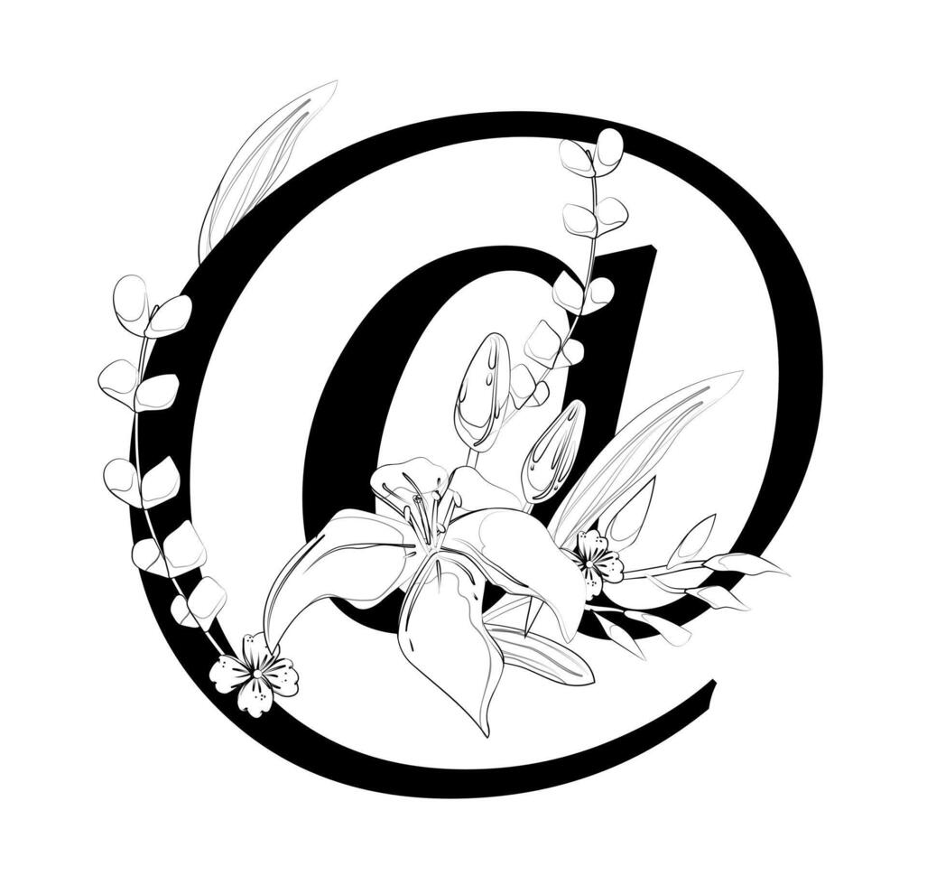 A black and white drawing of a letter c with flowers vector