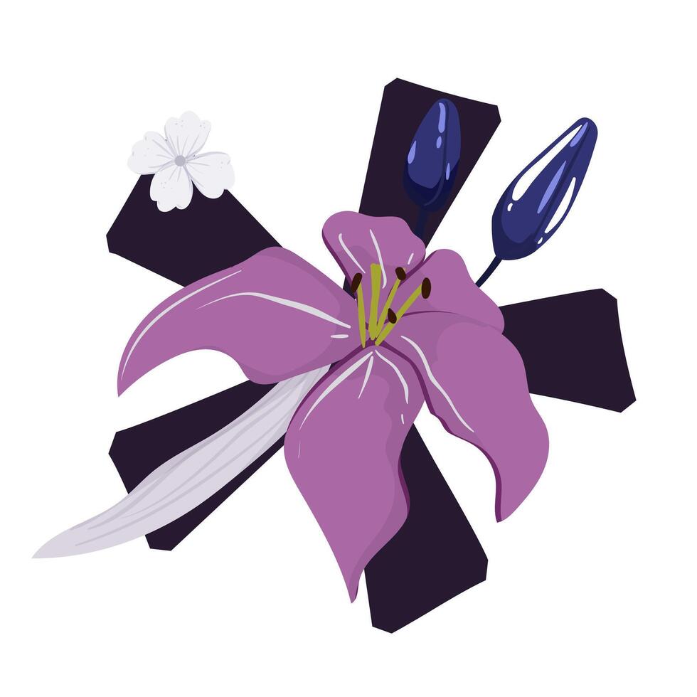 A purple flower with two black and white flowers vector