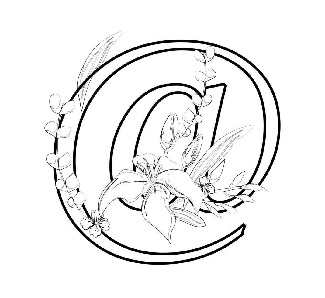 A coloring page with a letter c with flowers vector