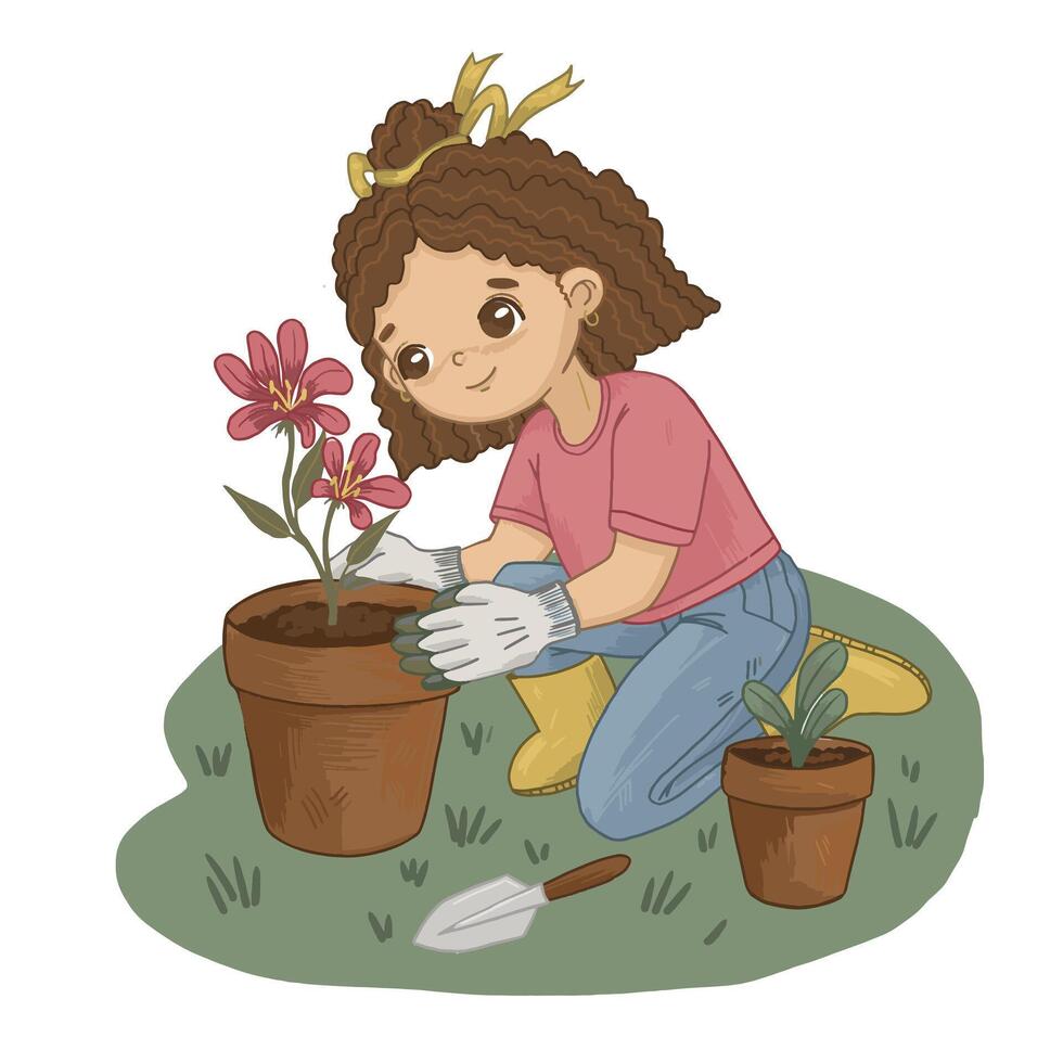 A girl is planting flowers in a pot vector