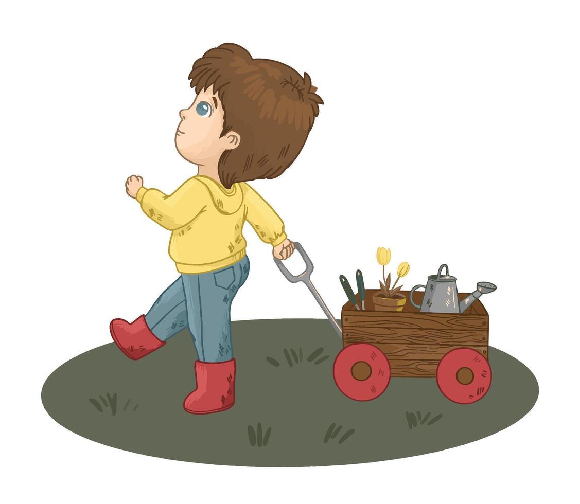 A little boy pulling a wagon with tools vector