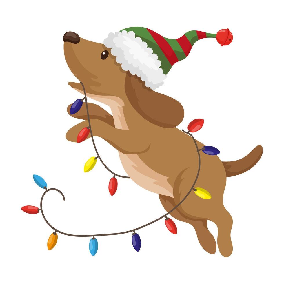A cartoon dog wearing a santa hat and holding a string of christmas lights vector