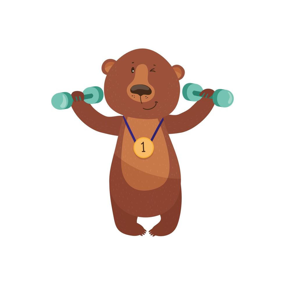 A cartoon bear holding two dumbbells vector