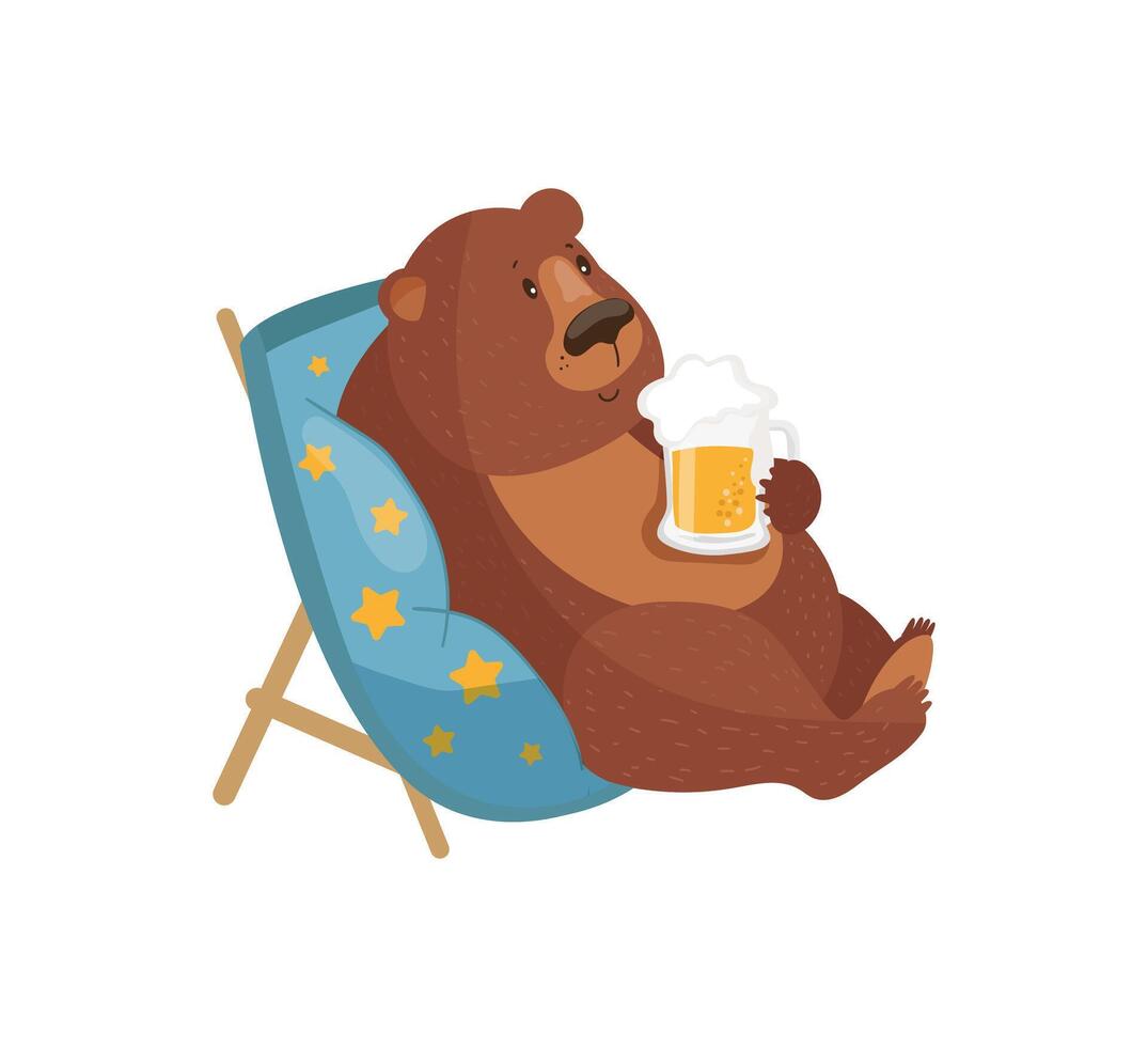 A brown bear sitting in a chair with a mug of beer vector