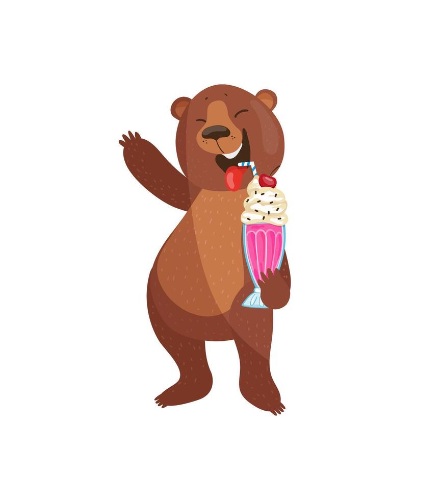 A cartoon bear holding a milkshake with a cherry on top vector
