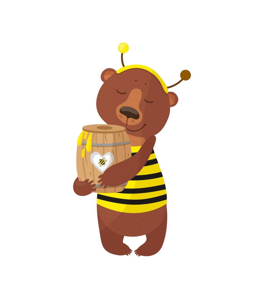 A bear dressed in a bee costume holding a wooden barrel vector