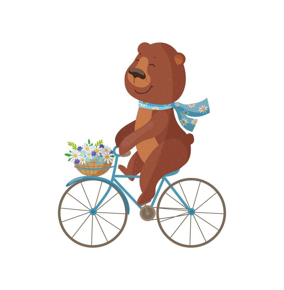 A cartoon bear riding a bicycle with flowers in the basket vector