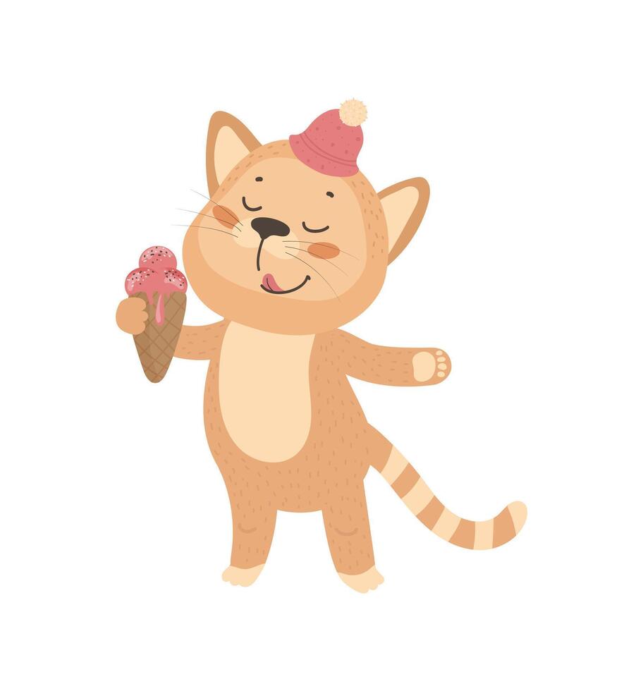 Cute cartoon cat with ice cream illustration vector