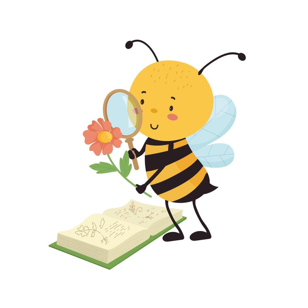 A bee is holding a magnifying glass and looking at a flower vector