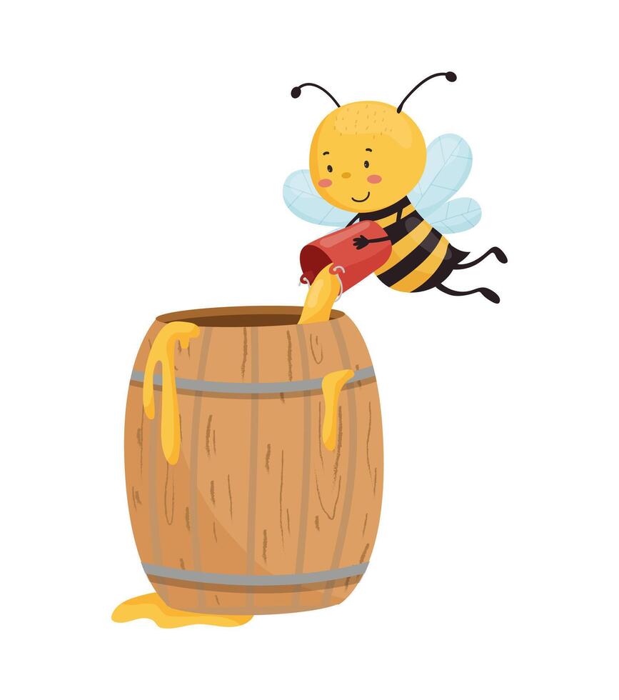 Bee pouring honey from barrel illustration vector