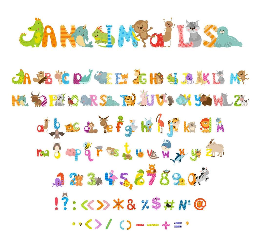 A set of alphabet letters with animals and numbers vector