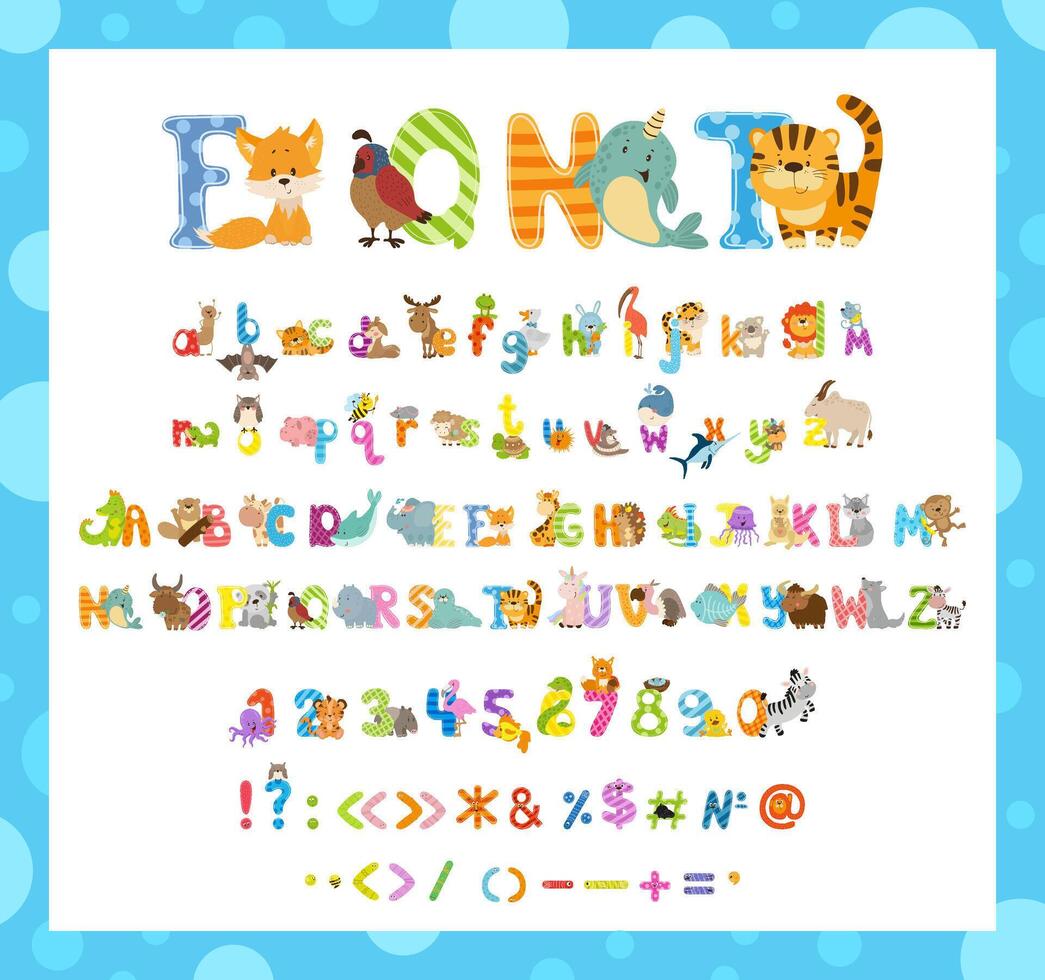 A set of alphabet letters and numbers with animals vector
