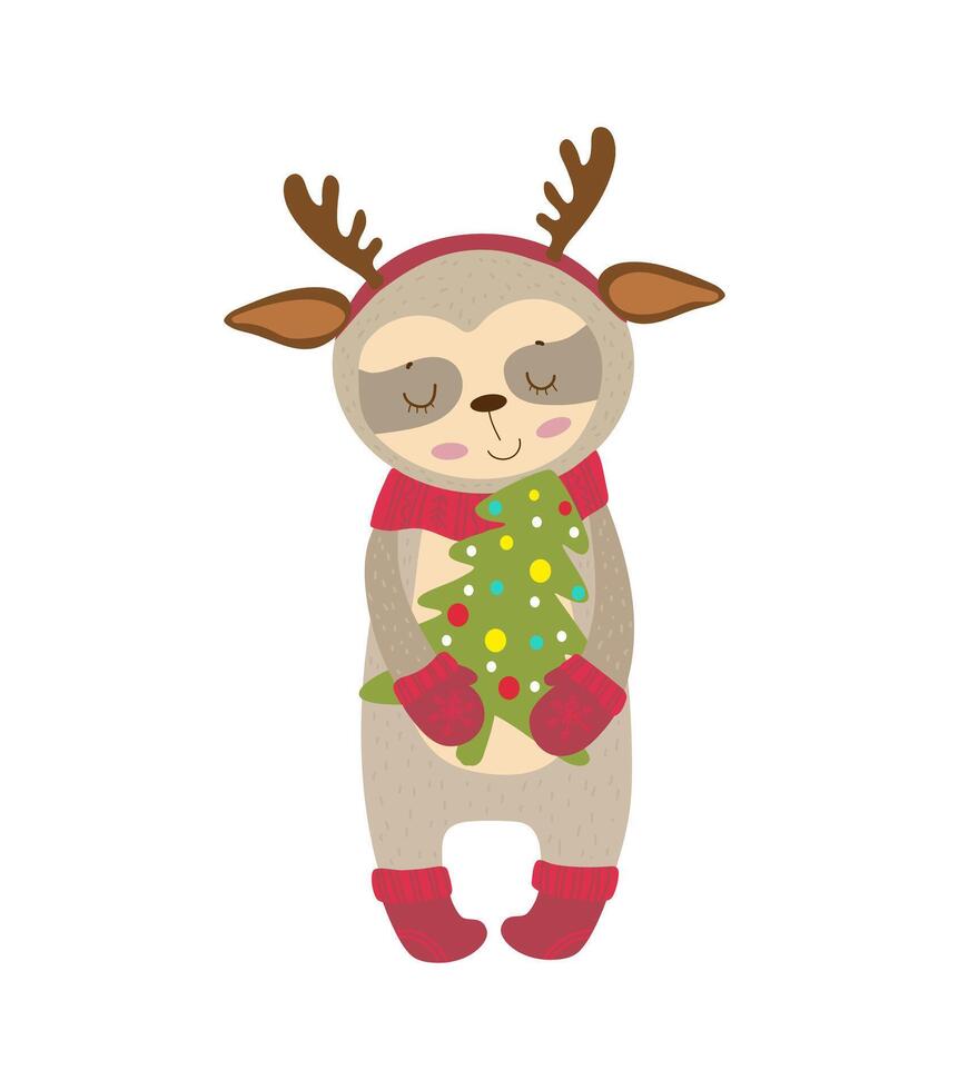 A cute deer holding a christmas tree vector