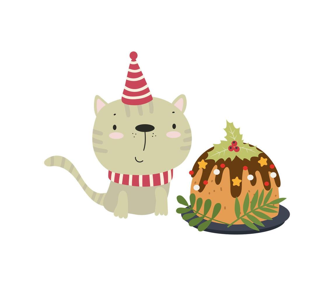 A cat wearing a christmas hat and a cake vector