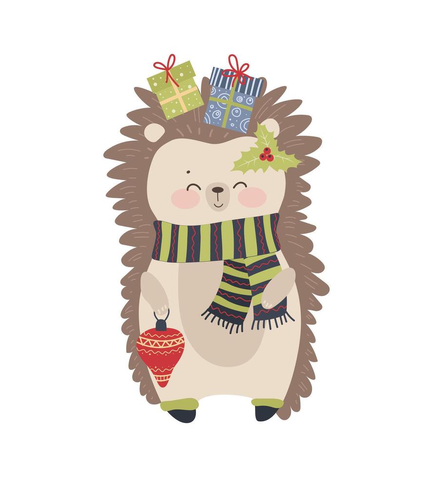 A hedge with a scarf and hat holding presents vector