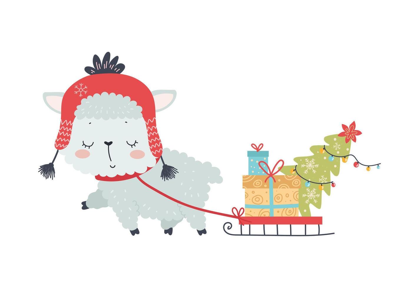 A cute llama pulling a sleigh with presents vector