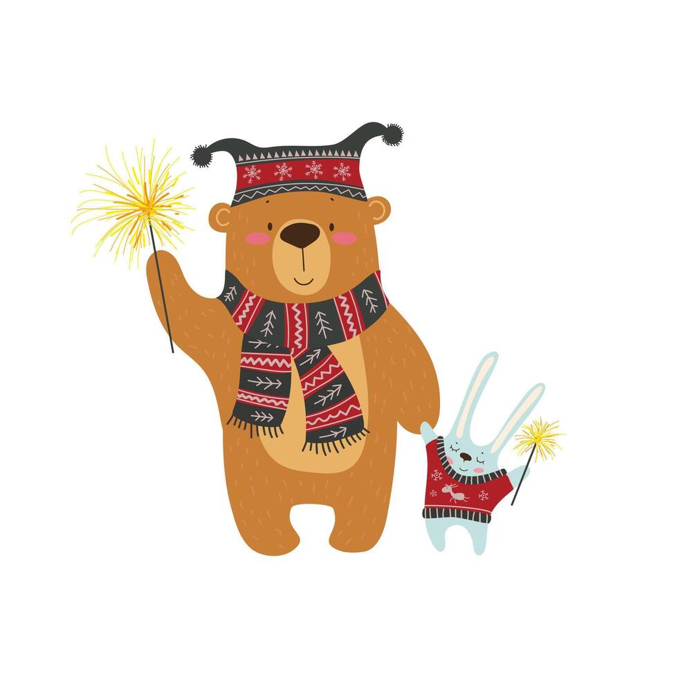 A cartoon bear and rabbit are dressed in winter clothes vector