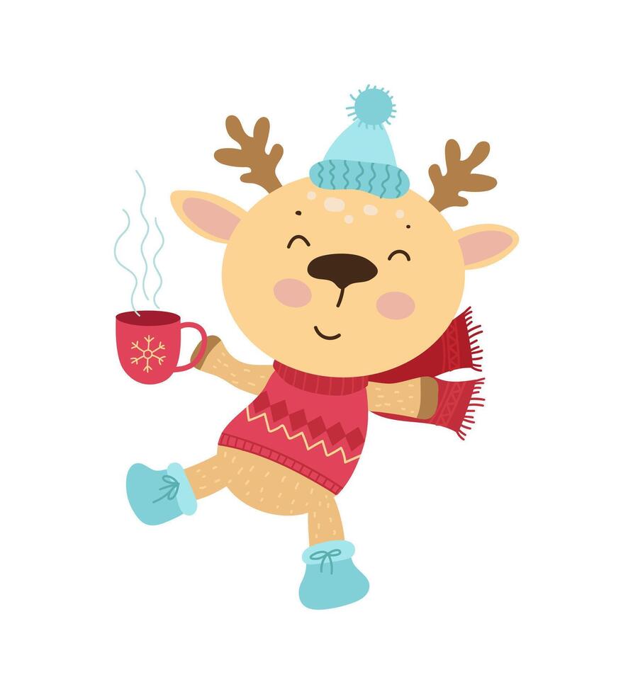 Cute reindeer with cup of coffee vector