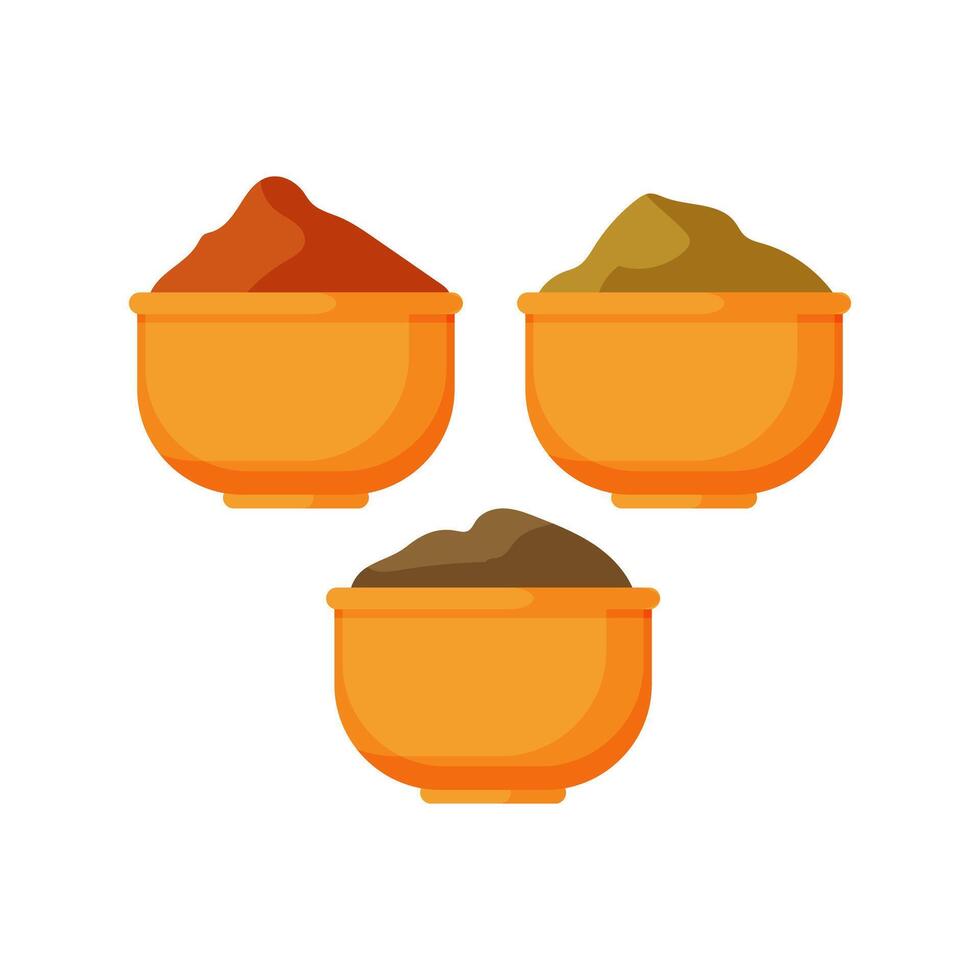 Three bowls of different colored spices on a white background vector