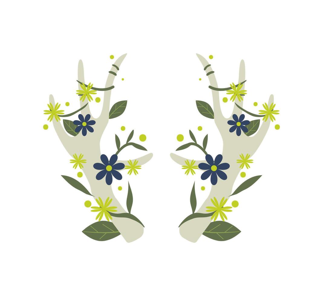 Two antlers with flowers and leaves on them vector