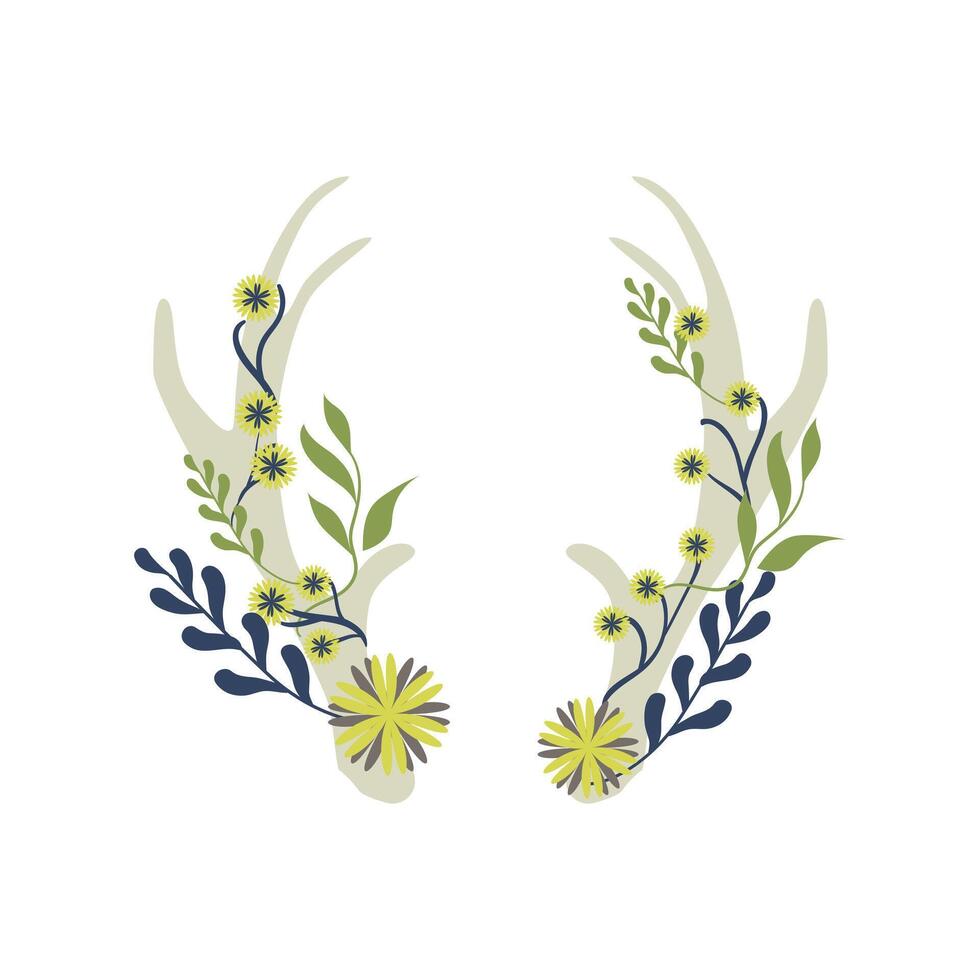 Two deer antlers with flowers and leaves vector