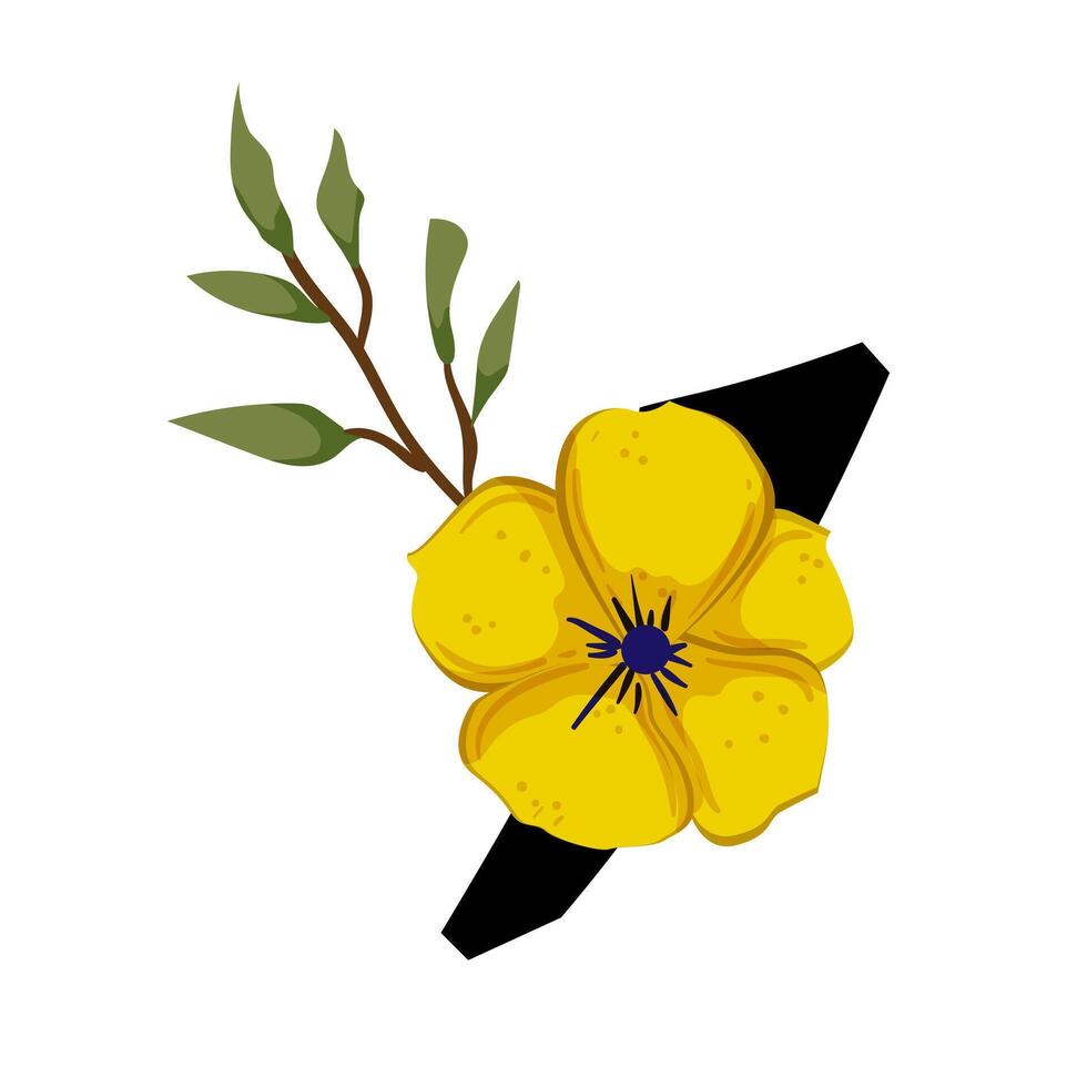 Yellow flower with black stem and leaves illustration vector